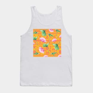 Hong Kong Lotus Pink and Green with Floral Pastel Orange and Pink Pattern Tank Top